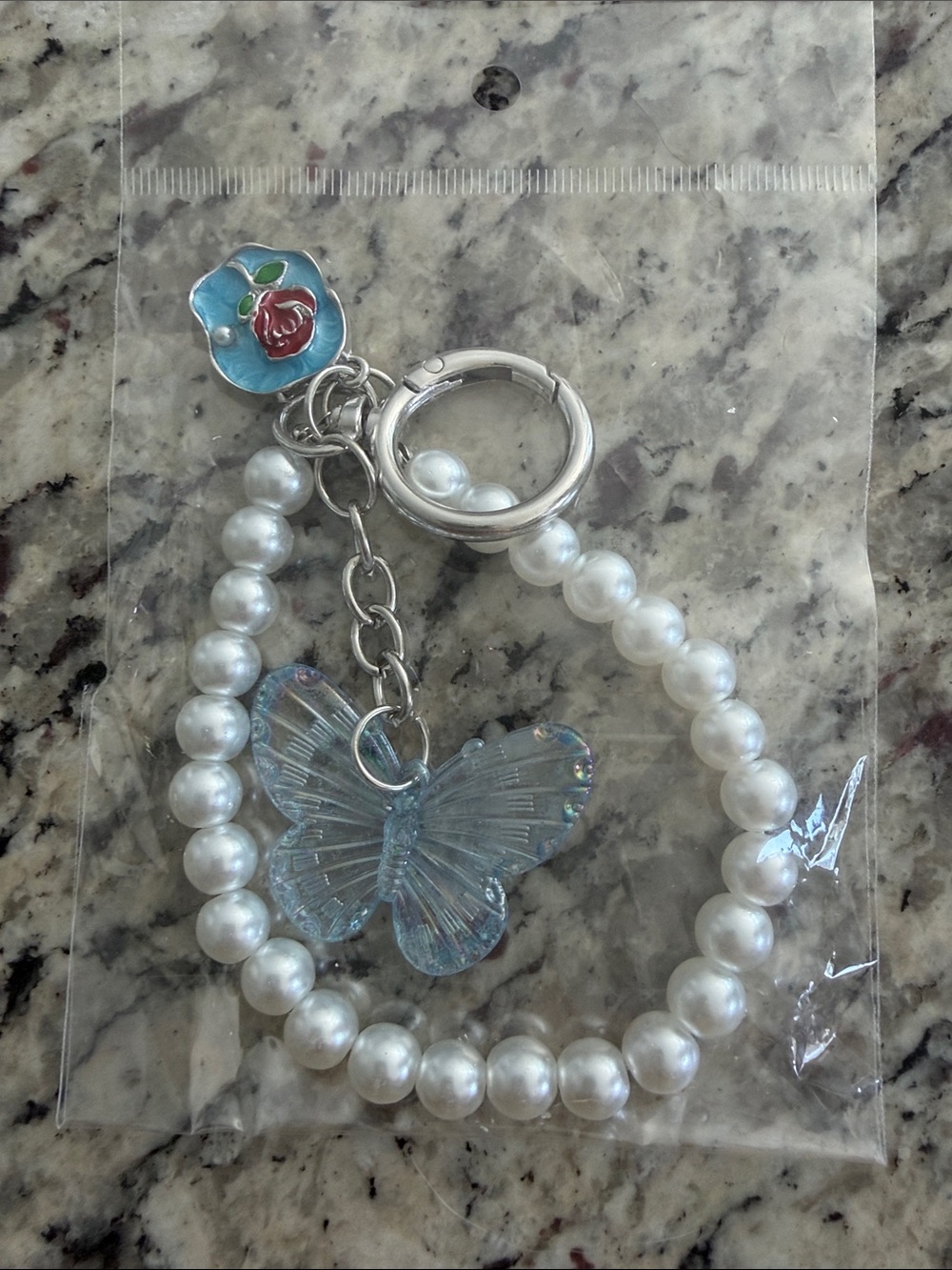 Pearl Beaded Bracelet Keychain with Blue Butterfly Charm